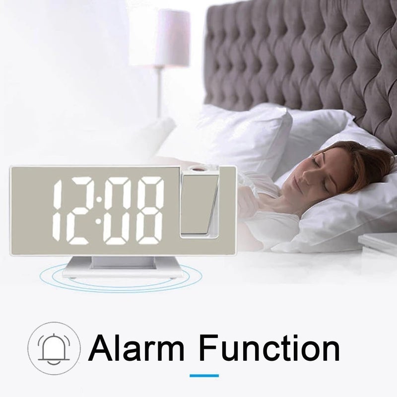 Digital Alarm Clock with 180° Projector, Large LED Mirror Display, Time, Date and Temperature, 3 Brightness Levels and Snooze for Bedroom, Office and Home (White) - Image 4