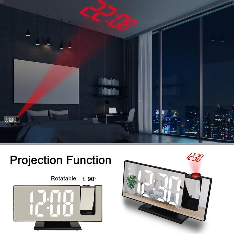 Digital Alarm Clock with 180° Projector, Large LED Mirror Display, Time, Date and Temperature, 3 Brightness Levels and Snooze for Bedroom, Office and Home (White) - Image 5