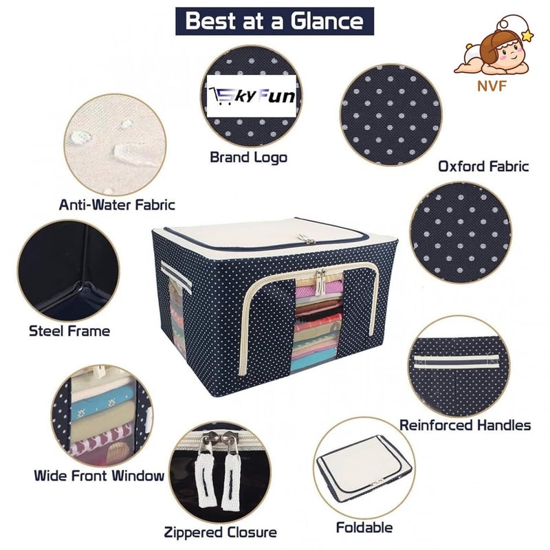 NVF Steel frame Double Opening Zipped Clothes Storage Bag with Window Folding Underbed Closet Storage Bag Wardrobe Organizer for Storage Polka Dots Blue 66 Liter - Image 4