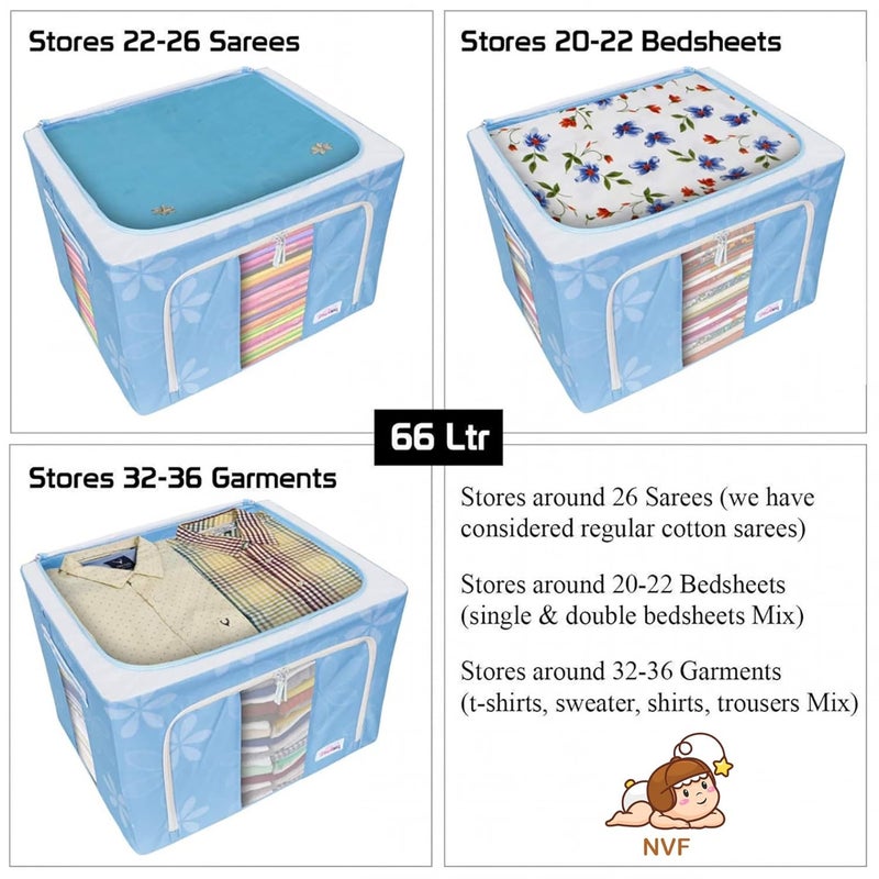 NVF Steel frame Double Opening Zipped Clothes Storage Bag with Window Folding Underbed Closet Storage Bag Wardrobe Organizer for Storage Polka Dots Blue 66 Liter - Image 2