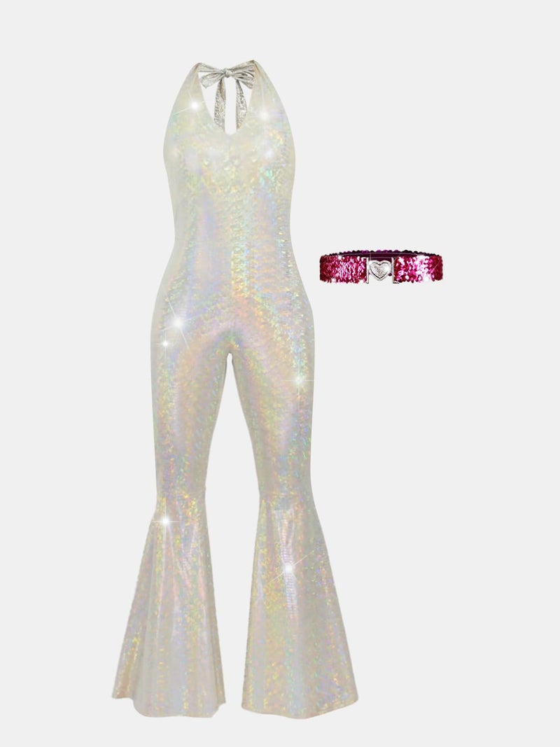 Nawgut Disco Outfit 70s 80s Prom Sparkle Flare Jumpsuit Party Costume Halloween Cosplay For Adult Women-Small - Image 2
