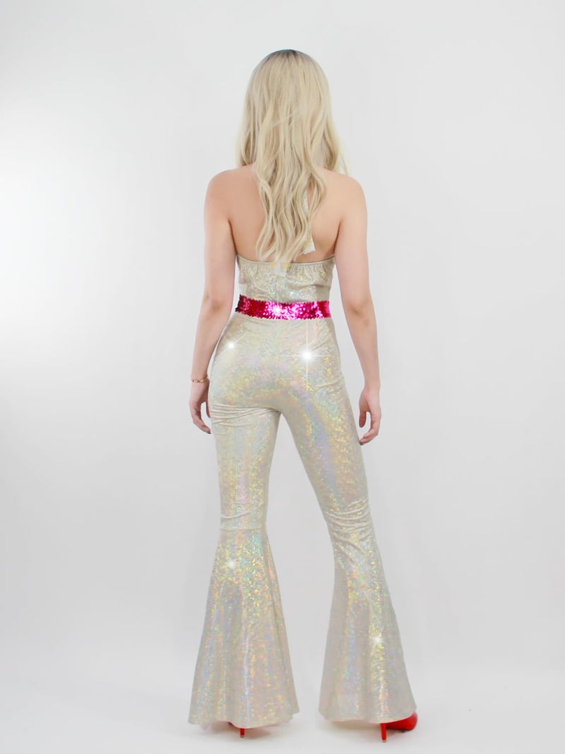 Nawgut Disco Outfit 70s 80s Prom Sparkle Flare Jumpsuit Party Costume Halloween Cosplay For Adult Women-Small - Image 3
