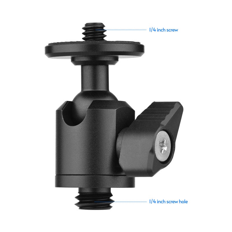 Mini Ball Head: Aluminum Alloy 3/8 Inch Bottom Screw - Anti-Slip Rubber Ring 1/4 Inch Top Screw For Camera, Video Light, Microphone Mount 360° Rotation 90° Tilt Angle For Tripod, Camera Cage Setup - Image 3