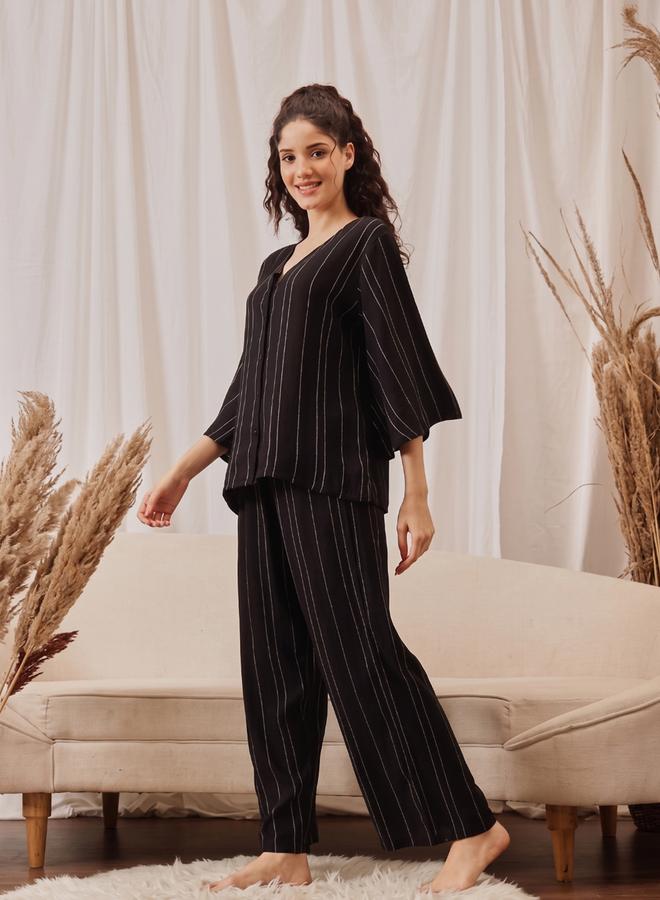 Take Two Black Striped Top and Pyjama Set By Lazzycat - Image 3
