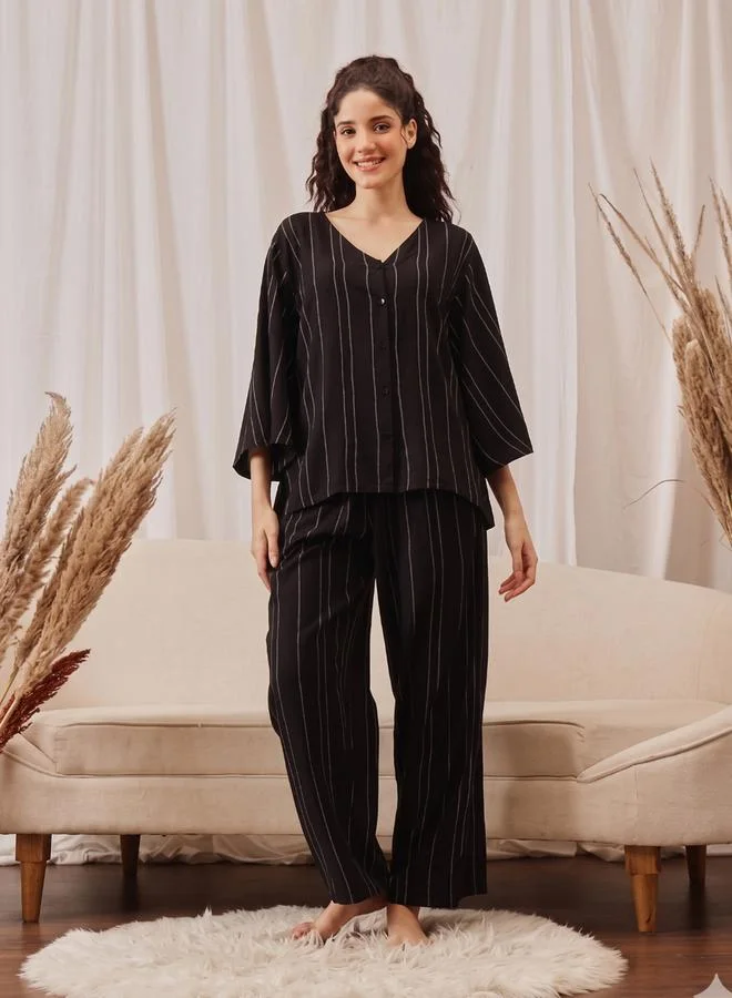 Take Two Black Striped Top and Pyjama Set By Lazzycat