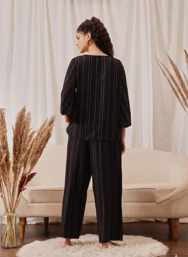 Take Two Black Striped Top and Pyjama Set By Lazzycat