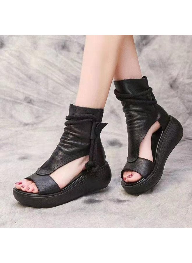 New High-top Heeled Wedge Sandals Women's Summer Casual Fashionable Soft Leather Thick Peel-toe Sandals