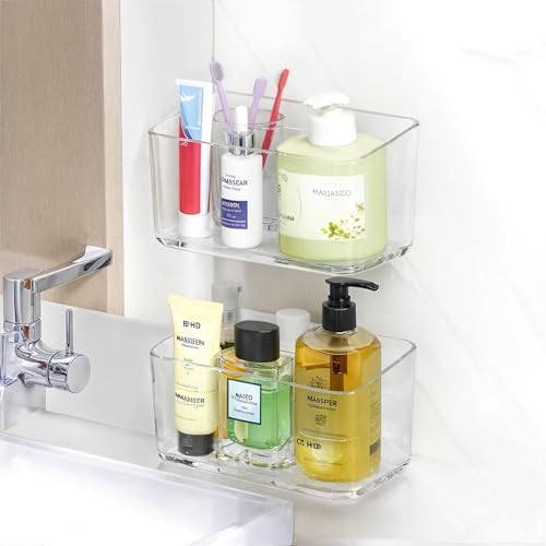 PAVSTINE 2 Pack Clear Shower Shelf, Adhesive Bathroom Shower Shelves, Wall Mounted Bathroom Shower Organizer, No Drill Shower Shelves with Self Adhesive Tape, Transparent - Image 1