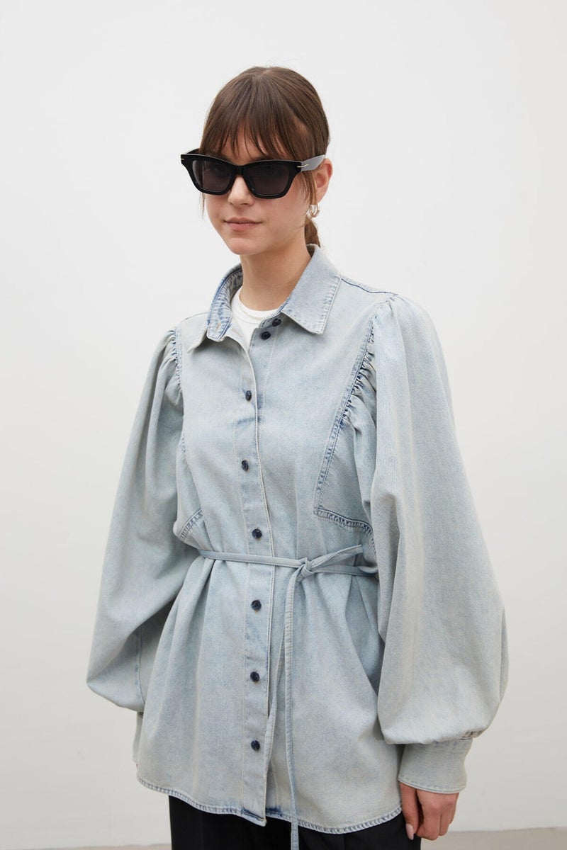 Manuka Balloon Sleeve Denim Shirt Light Blue  - Image 1