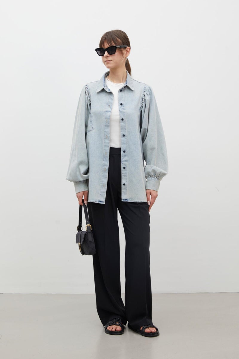 Manuka Balloon Sleeve Denim Shirt Light Blue  - Image 4
