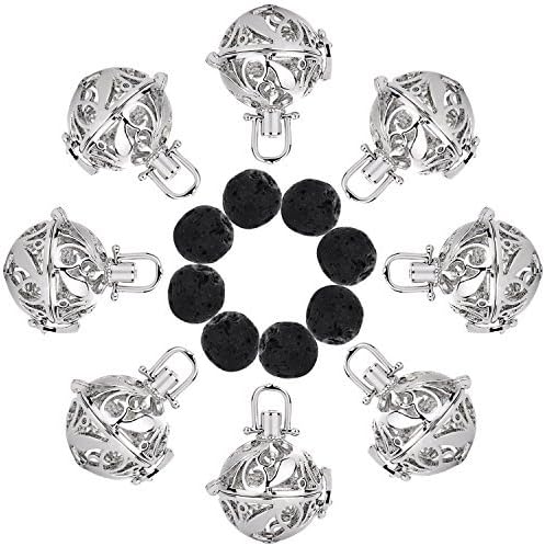 TOODOO TOODOO Aromatherapy Essential Oils Pendant Cage Locket Small Size Silvery Diffuser Locket with Black Lava Stone Rock Beads Balls Set for Jewelry Making 8 