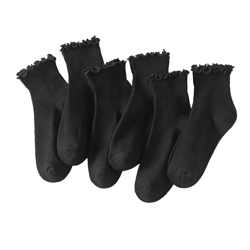 Hstyle Ruffle Socks Women, Ruffle Turn-Cuff Casual Cute Girl Ruffle Socks Breathable Cool Ruffle Ankle Socks 6 Pairs of Black - Image 1