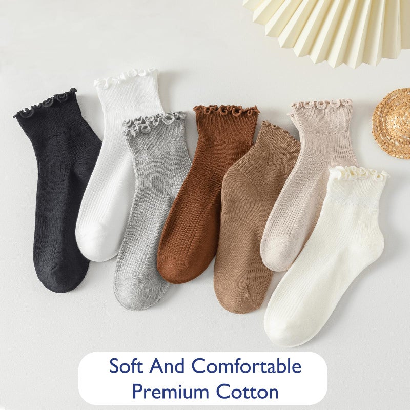 Hstyle Ruffle Socks Women, Ruffle Turn-Cuff Casual Cute Girl Ruffle Socks Breathable Cool Ruffle Ankle Socks 6 Pairs of Black - Image 5