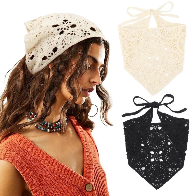 DRESHOW Floral Crochet Hair Bandana Tie Knotted Headscarf Vintage Headband Knitted Head Kerchief for Women Girls - Image 1