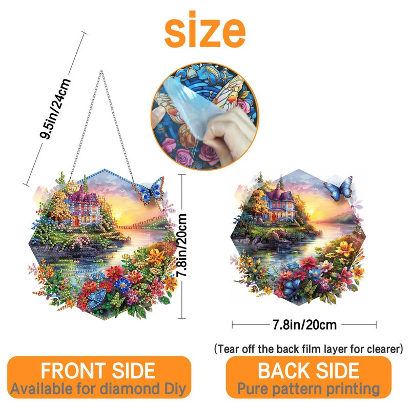 Ginfonr Diamond Painting Kits Hanging Pendant, Landscape Diamond Art Kits for Adults, Special Shaped Rhinestone Butterflies Diamond Art, Double Sided Spring Hanging Kits for Garden Window 8 x 8inch - Image 5