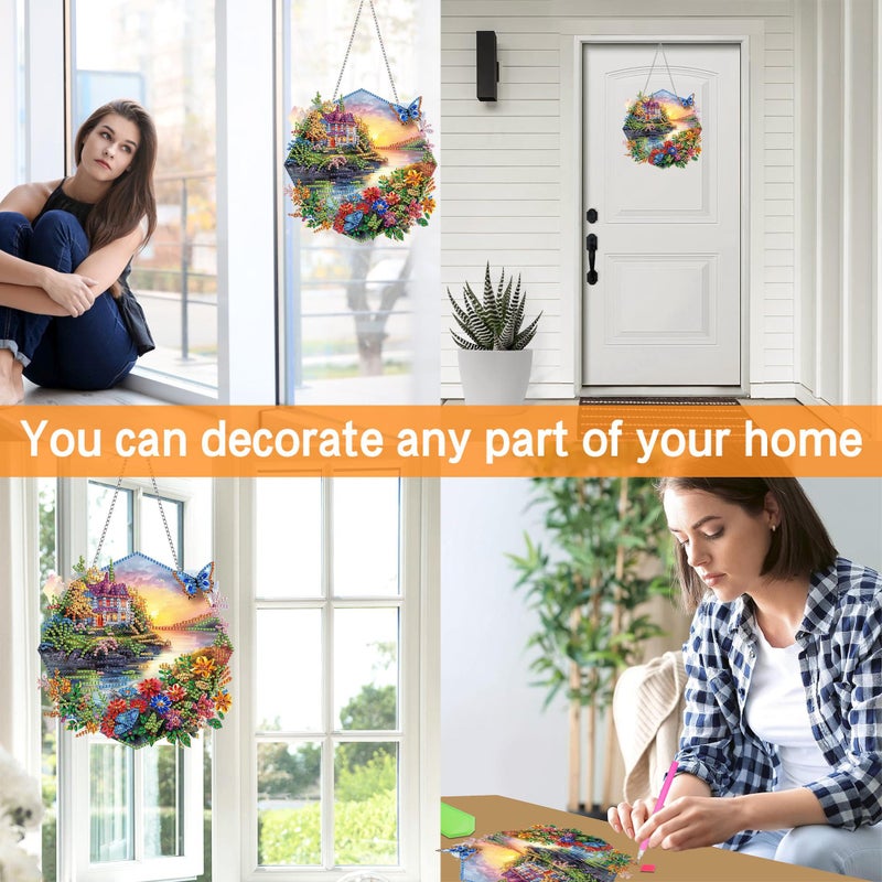Ginfonr Diamond Painting Kits Hanging Pendant, Landscape Diamond Art Kits for Adults, Special Shaped Rhinestone Butterflies Diamond Art, Double Sided Spring Hanging Kits for Garden Window 8 x 8inch - Image 3