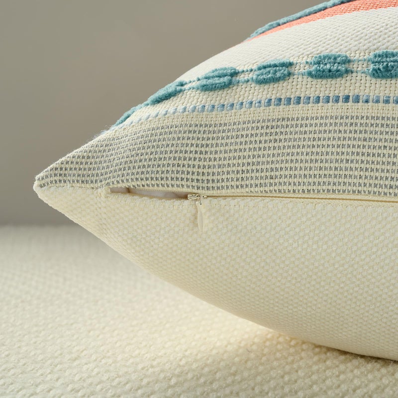 FUTEI Teal Decorative Throw Pillow Covers 18x18 Inch Set of 2, Soft Tufted Striped Textured Accent Cushion Case,Boho Pillows for Couch Decor - Image 3