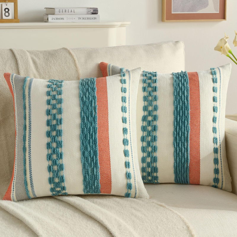 FUTEI Teal Decorative Throw Pillow Covers 18x18 Inch Set of 2, Soft Tufted Striped Textured Accent Cushion Case,Boho Pillows for Couch Decor - Image 1