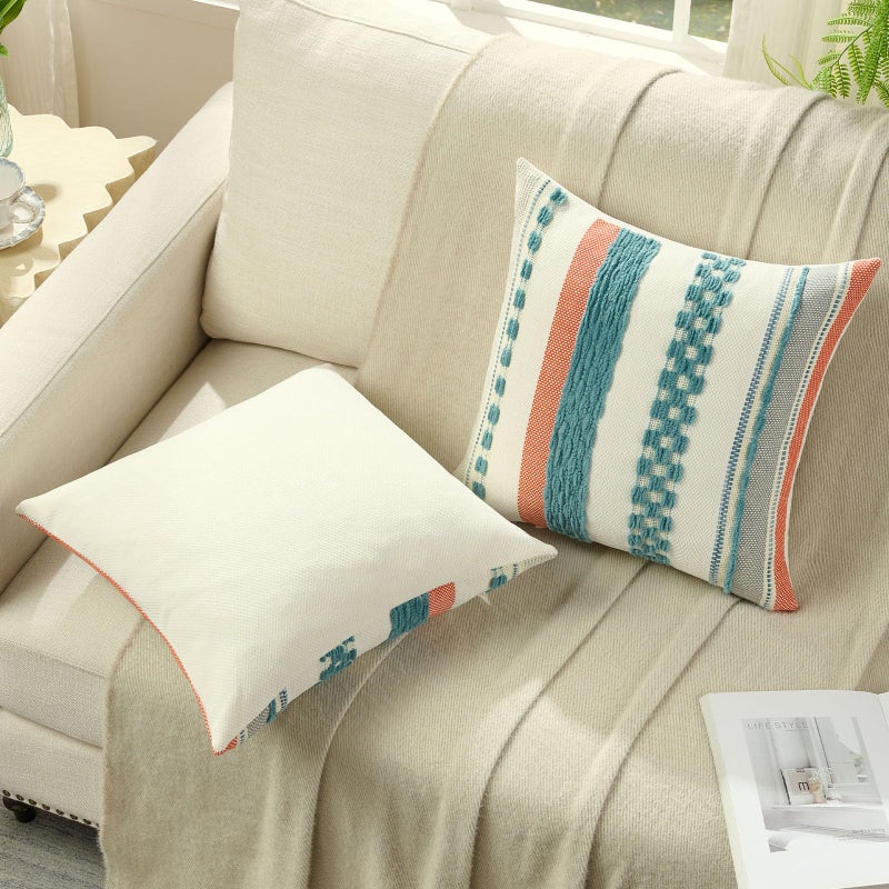 FUTEI Teal Decorative Throw Pillow Covers 18x18 Inch Set of 2, Soft Tufted Striped Textured Accent Cushion Case,Boho Pillows for Couch Decor - Image 4