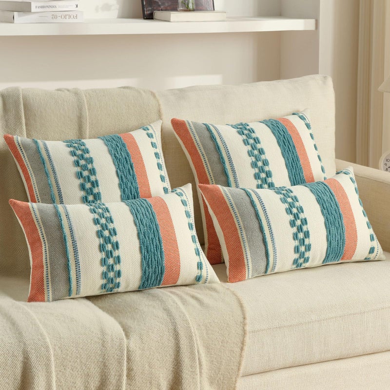 FUTEI Teal Decorative Throw Pillow Covers 18x18 Inch Set of 2, Soft Tufted Striped Textured Accent Cushion Case,Boho Pillows for Couch Decor - Image 5