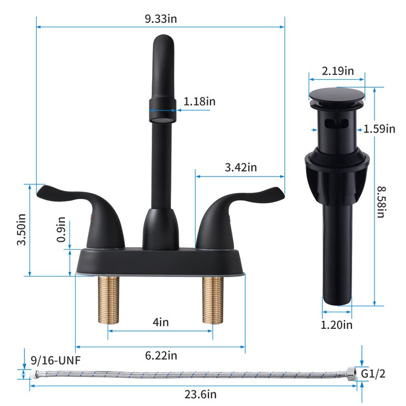 Fropo 2 Handle Black Bathroom Sink Faucet - 4 Inch Centerset Faucet Bathroom 2 Or 3 Hole Lavatory Faucet Bathroom Vanity Sink Faucets With Pop-Up Drain And Supply Lines Matte Black - Image 3