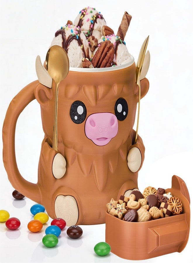 YILCER Ice Cream Pint Holder Highland Cow Ice Cream Holder with Handle & 2 Spoons Cute Animals Ices Creams Cooler Containers for 16Oz Pints Leak Proof Can Cups Highland Cow Lover Gifts (LIGHT BROWN) - Image 1