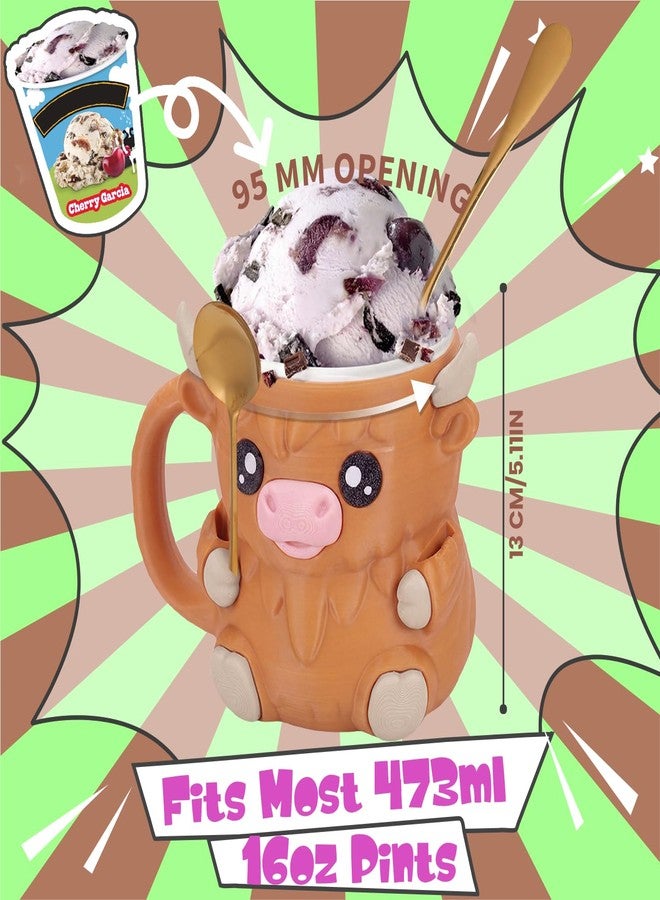 YILCER Ice Cream Pint Holder Highland Cow Ice Cream Holder with Handle & 2 Spoons Cute Animals Ices Creams Cooler Containers for 16Oz Pints Leak Proof Can Cups Highland Cow Lover Gifts (LIGHT BROWN) - Image 5