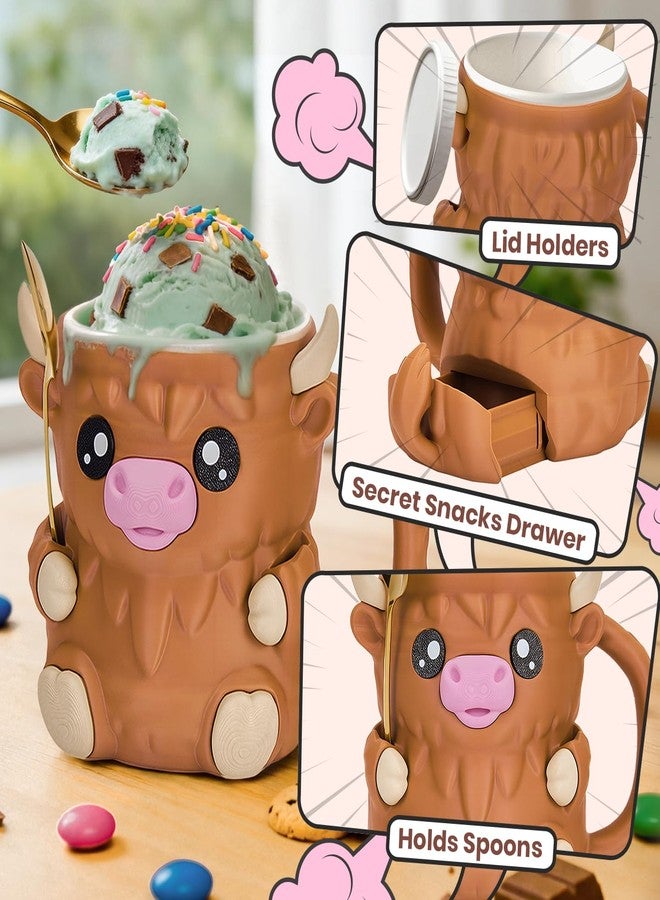 YILCER Ice Cream Pint Holder Highland Cow Ice Cream Holder with Handle & 2 Spoons Cute Animals Ices Creams Cooler Containers for 16Oz Pints Leak Proof Can Cups Highland Cow Lover Gifts (LIGHT BROWN) - Image 4