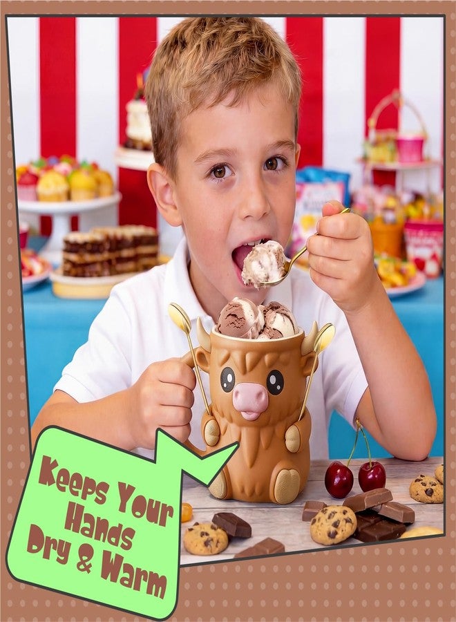 YILCER Ice Cream Pint Holder Highland Cow Ice Cream Holder with Handle & 2 Spoons Cute Animals Ices Creams Cooler Containers for 16Oz Pints Leak Proof Can Cups Highland Cow Lover Gifts (LIGHT BROWN) - Image 3