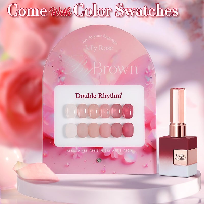 Double Rhythm 6 Pcs 15 ML Gel Polish Set Same Color Same Bottle Soak Off Gel Polish Kit Nail Art Manicure Salon DIY at Home for Women (Jelly Translucent Rose Pink Burgundy Red-T6-2) - Image 2