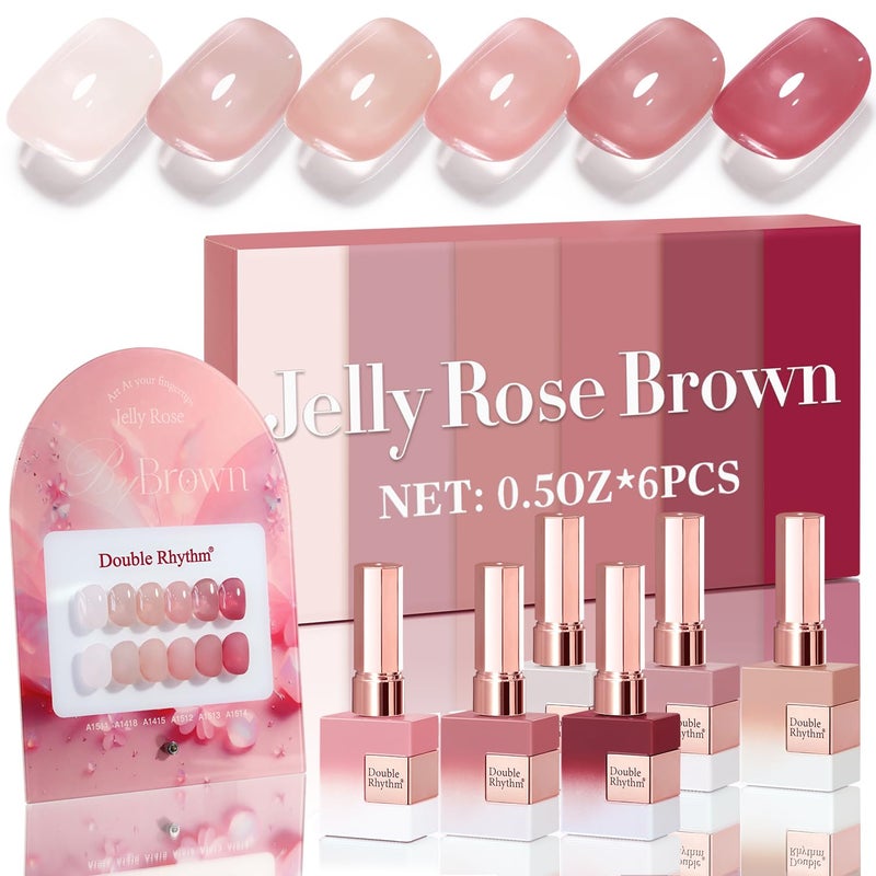 Double Rhythm 6 Pcs 15 ML Gel Polish Set Same Color Same Bottle Soak Off Gel Polish Kit Nail Art Manicure Salon DIY at Home for Women (Jelly Translucent Rose Pink Burgundy Red-T6-2) - Image 1