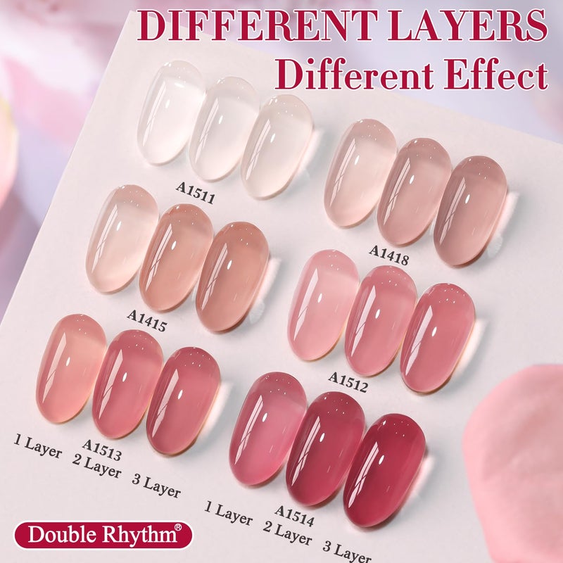 Double Rhythm 6 Pcs 15 ML Gel Polish Set Same Color Same Bottle Soak Off Gel Polish Kit Nail Art Manicure Salon DIY at Home for Women (Jelly Translucent Rose Pink Burgundy Red-T6-2) - Image 5