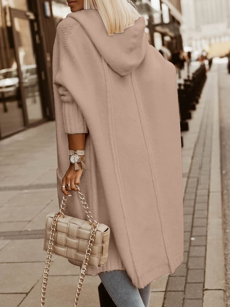 Aoysky Womens Long Cardigans Cable Knitted Open Front Oversized Hooded Outerwear Sweater Coat Apricot - Image 3