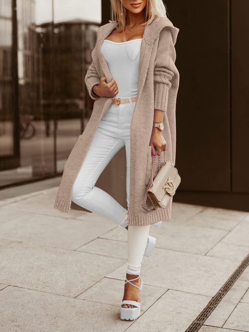 Aoysky Womens Long Cardigans Cable Knitted Open Front Oversized Hooded Outerwear Sweater Coat Apricot - Image 4