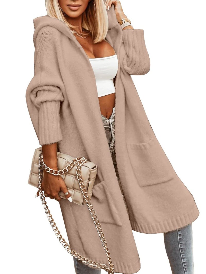 Aoysky Womens Long Cardigans Cable Knitted Open Front Oversized Hooded Outerwear Sweater Coat Apricot - Image 5