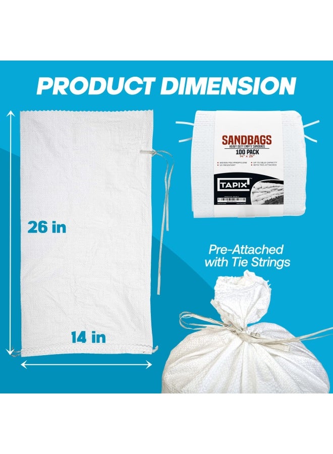 TAPIX Sand bags with Ties 14" x 26" (Pack of 100) - Sand bags for Flooding, Woven Polypropylene Sandbags, 50 lbs Capacity, 14x26 inches, White - Image 2