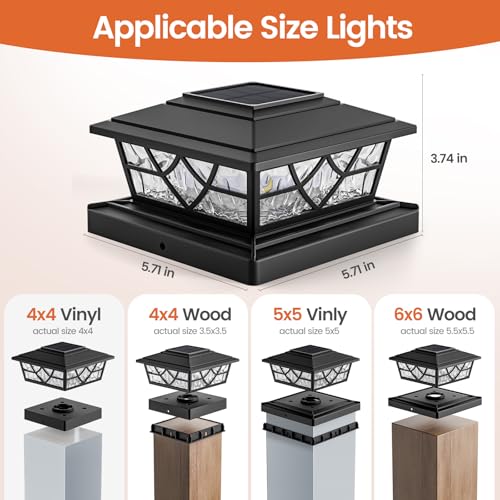 APONUO Solar Post Cap Lights 12 Pack for 4x4 5x5 6x6 Wood Vinyl Fences - IP64 Waterproof, Auto On/Off, Solar Powered Post Lights, Warm Cool White, Deck Patio Yard Decor, Black - Image 2