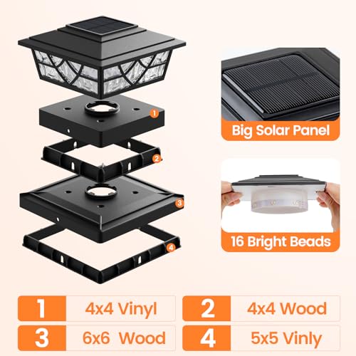 APONUO Solar Post Cap Lights 12 Pack for 4x4 5x5 6x6 Wood Vinyl Fences - IP64 Waterproof, Auto On/Off, Solar Powered Post Lights, Warm Cool White, Deck Patio Yard Decor, Black - Image 4