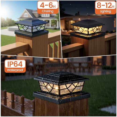 APONUO Solar Post Cap Lights 12 Pack for 4x4 5x5 6x6 Wood Vinyl Fences - IP64 Waterproof, Auto On/Off, Solar Powered Post Lights, Warm Cool White, Deck Patio Yard Decor, Black - Image 5