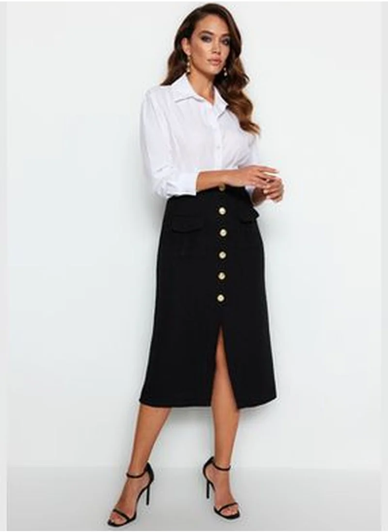 trendyol Black Tweed Fabric and Button Midi Skirt TWOAW24ET00223