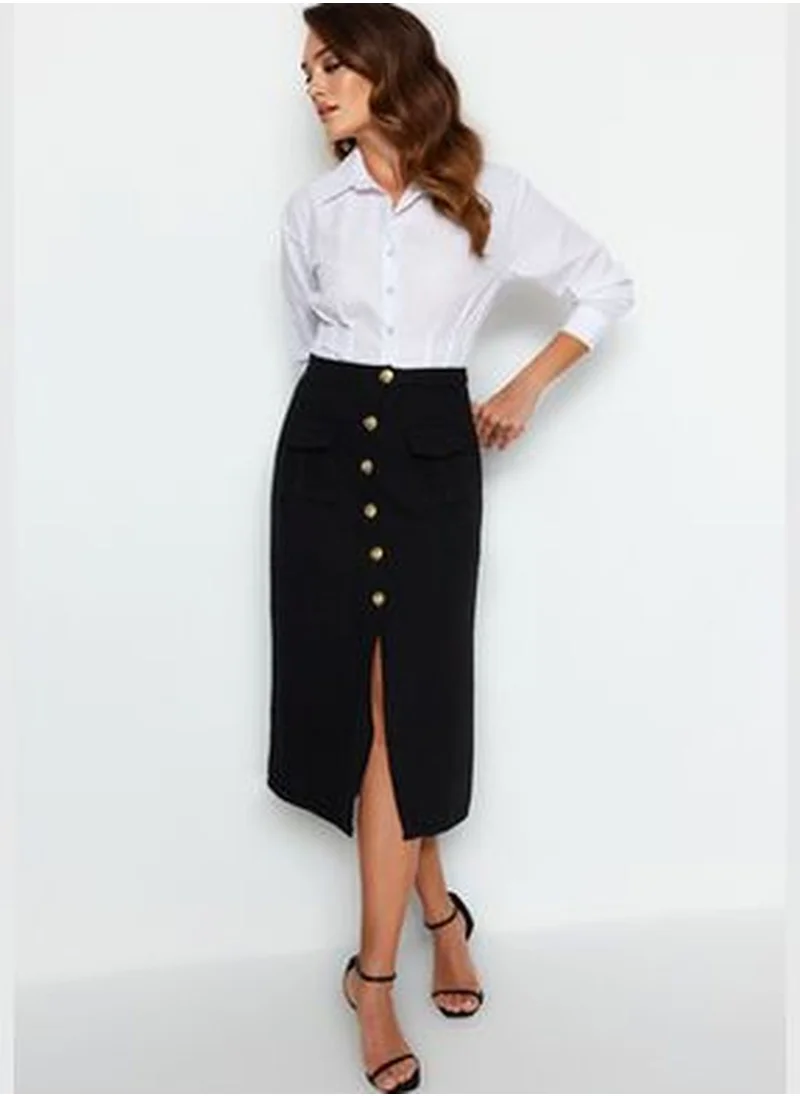 trendyol Black Tweed Fabric and Button Midi Skirt TWOAW24ET00223