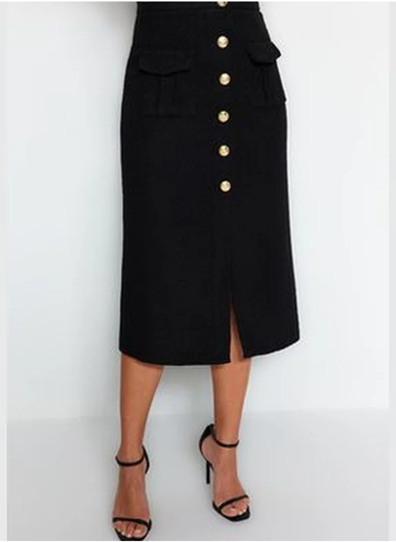 trendyol Black Tweed Fabric and Button Midi Skirt TWOAW24ET00223