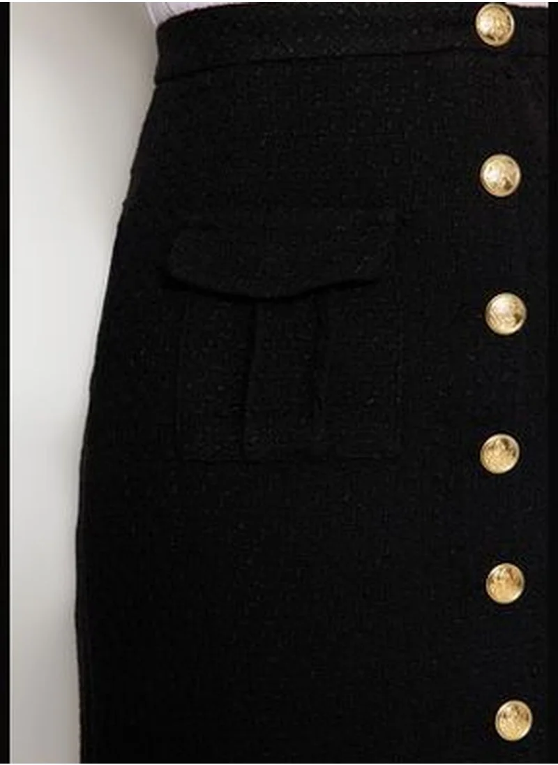 trendyol Black Tweed Fabric and Button Midi Skirt TWOAW24ET00223
