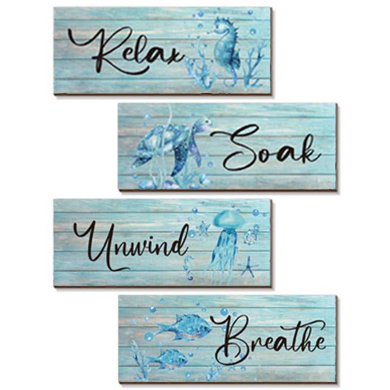 ZINYAZHE 4 Pieces Beach Theme Bathroom Decor Teal Sea Turtle Wall Art Funny Ocean Wooden Signs for Bathroom Bedroom Office Home Toilet Decoration(Teal Turtle 10x4 inch) - Image 1