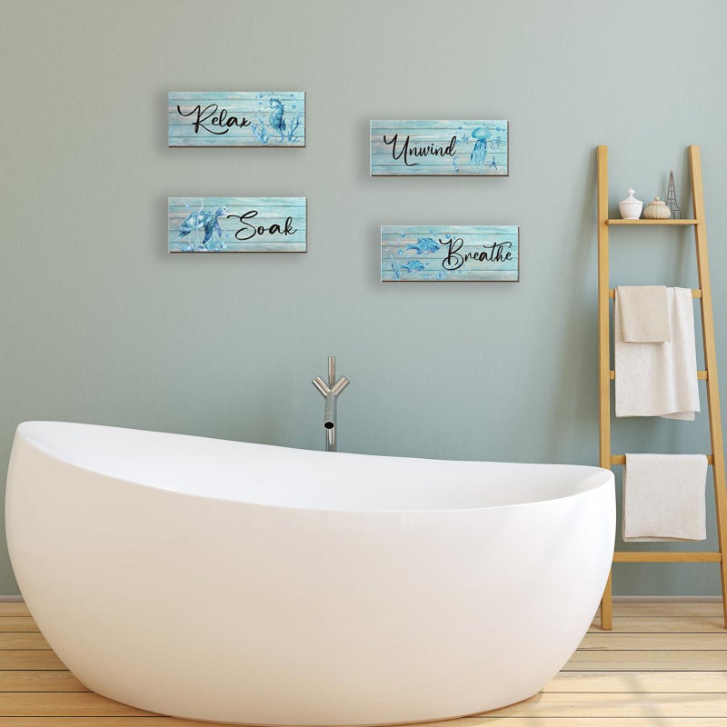 ZINYAZHE 4 Pieces Beach Theme Bathroom Decor Teal Sea Turtle Wall Art Funny Ocean Wooden Signs for Bathroom Bedroom Office Home Toilet Decoration(Teal Turtle 10x4 inch) - Image 5