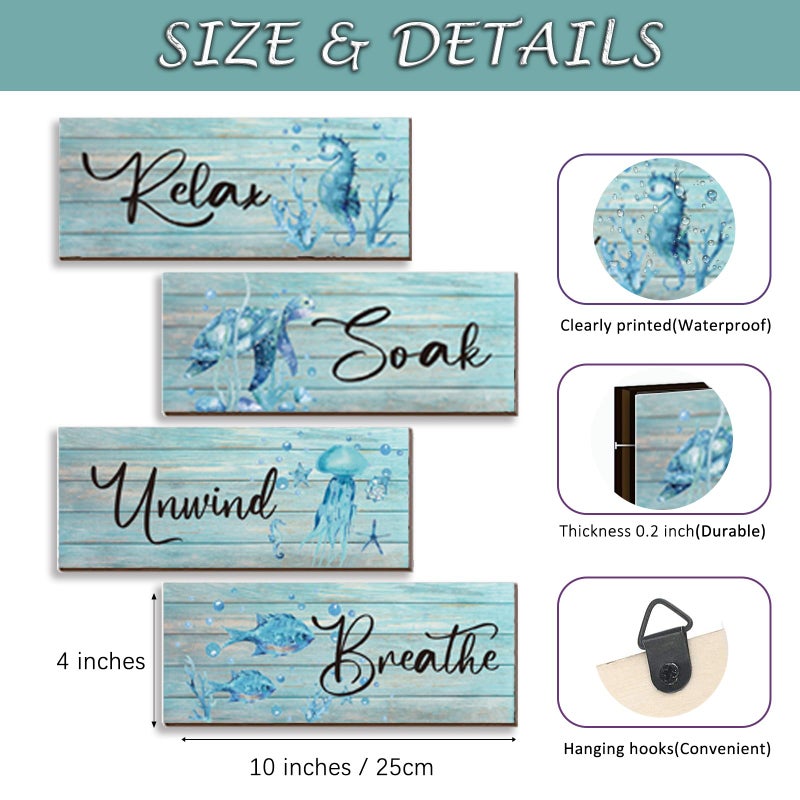 ZINYAZHE 4 Pieces Beach Theme Bathroom Decor Teal Sea Turtle Wall Art Funny Ocean Wooden Signs for Bathroom Bedroom Office Home Toilet Decoration(Teal Turtle 10x4 inch) - Image 4
