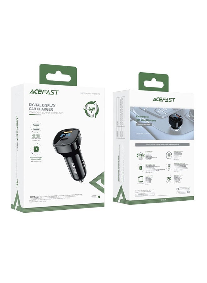 ACEFAST Fast Car Charger B4 66W, Dual Port 1 USB-C & 1 USB-A, USB-C 36W + USB-A 30W Output, LED Digital Display - Black - Image 5