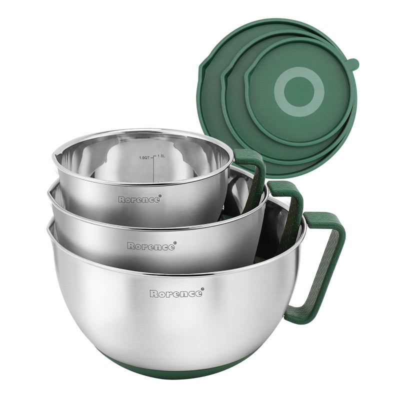 Rorence Mixing Bowls Set Stainless Steel NonSlip Bowls with Pour Spout Handle and Lid  Set of 3  Green