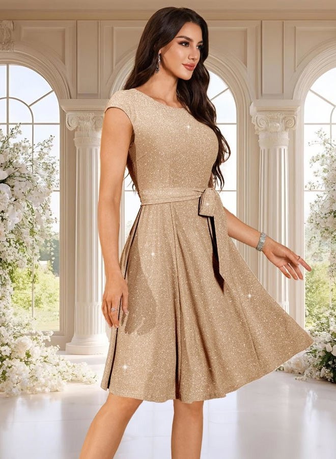 DRESSTELLS Women's Cocktail Dresses, Formal Wedding Guest Modest Church Vintage Tea Party Midi Evening Dress, Glitter_champagne, L - Image 4