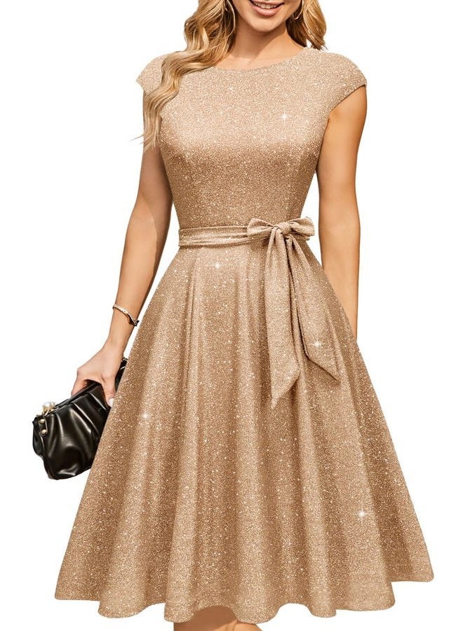 DRESSTELLS Women's Cocktail Dresses, Formal Wedding Guest Modest Church Vintage Tea Party Midi Evening Dress, Glitter_champagne, L - Image 1